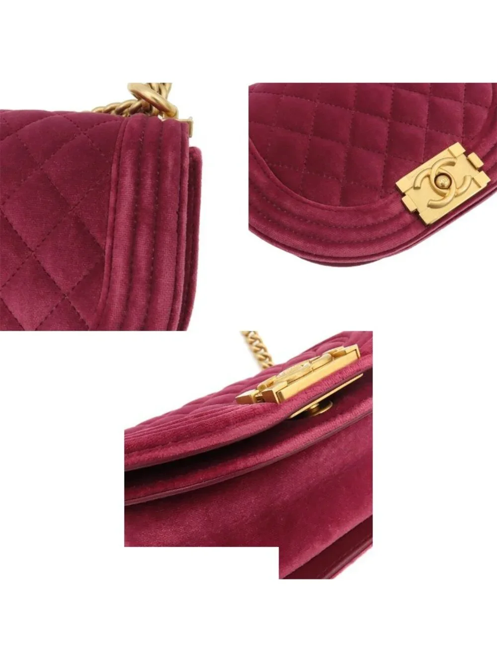 Chanel Chain Shoulder Bag Boy Wine Red Gold Velvet